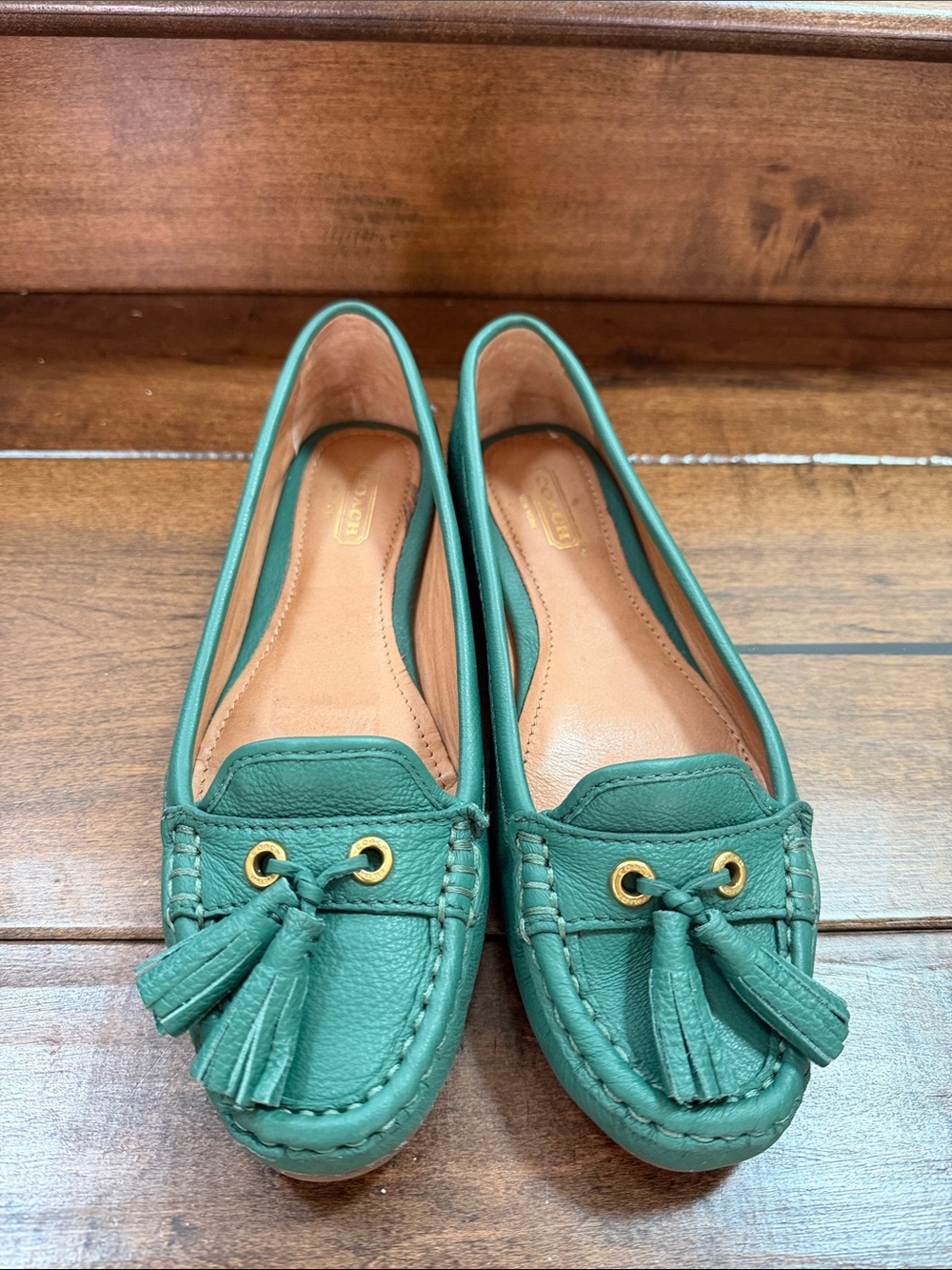COACH Green Isa Tumbled Leather Tassel Moccasin Flats - Women